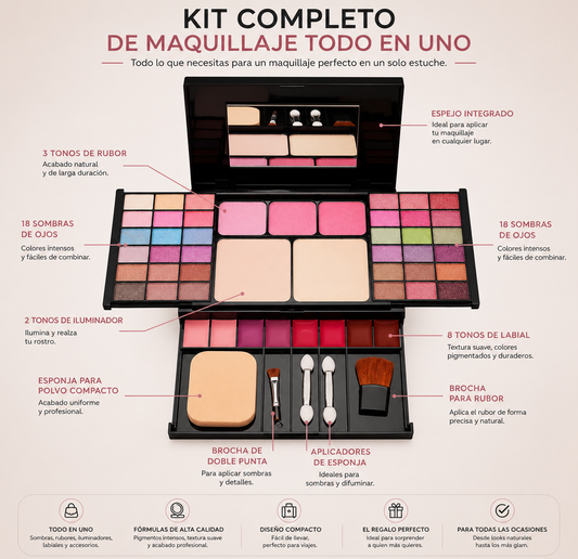 💄 Paleta de Maquillaje Todo en Uno | Sombras, Rubores, Polvos y Labiales | Incluye Espejo y Aplicadores | Kit Profesional