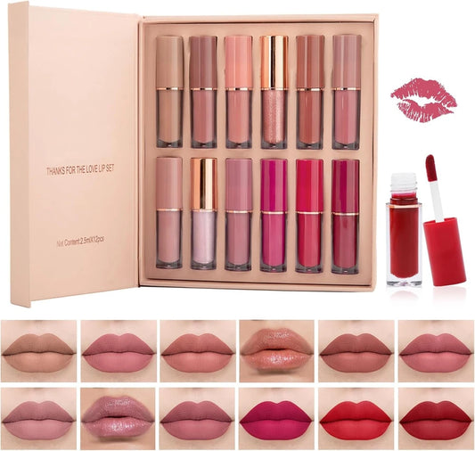 💄 Set de 12 Labiales Mate y Gloss | Larga Duración | Alta Pigmentación | Tonos Nude, Rosas y Rojos