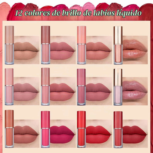 💄 Set de 12 Labiales Mate y Gloss | Larga Duración | Alta Pigmentación | Tonos Nude, Rosas y Rojos